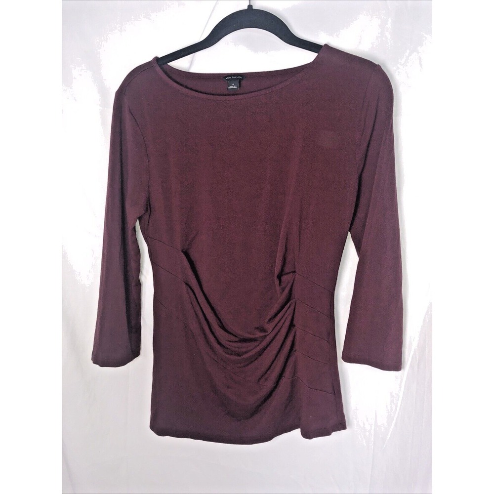 Ann Taylor Women's Maroon Ruffled/Bunched‎ Long-Sleeve T-Shirt - Size M